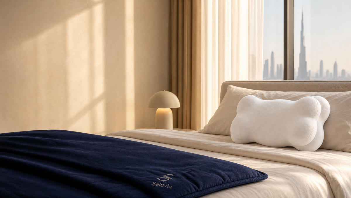 Seluvia Premium Memory Pillow on a bed in a bright modern bedroom with a view of the Dubai skyline